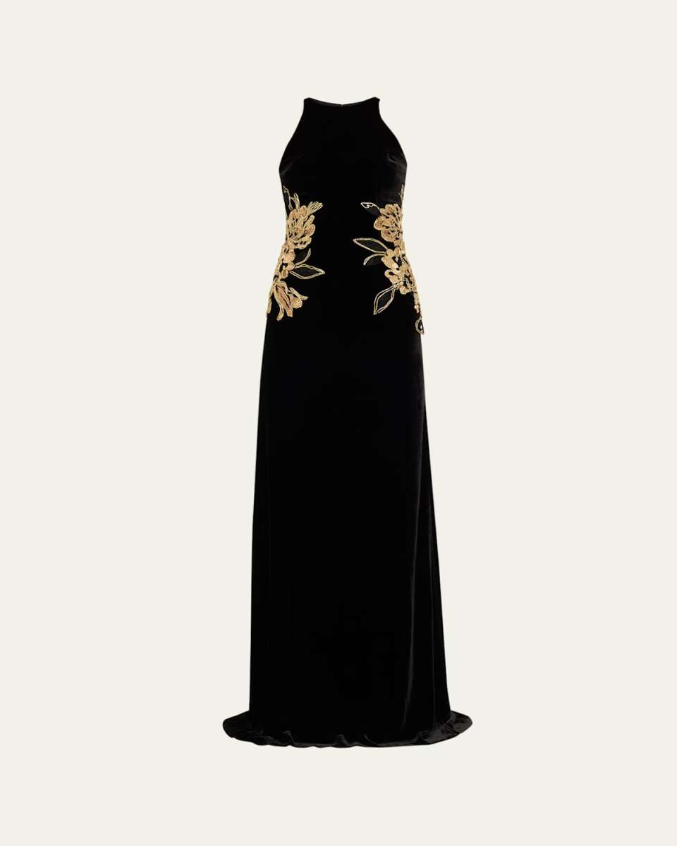 Waist Applique Velvet Halter Gown
